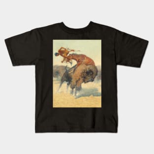 Buffalo Attacking Native American Hunter - Vintage Western American Art Kids T-Shirt